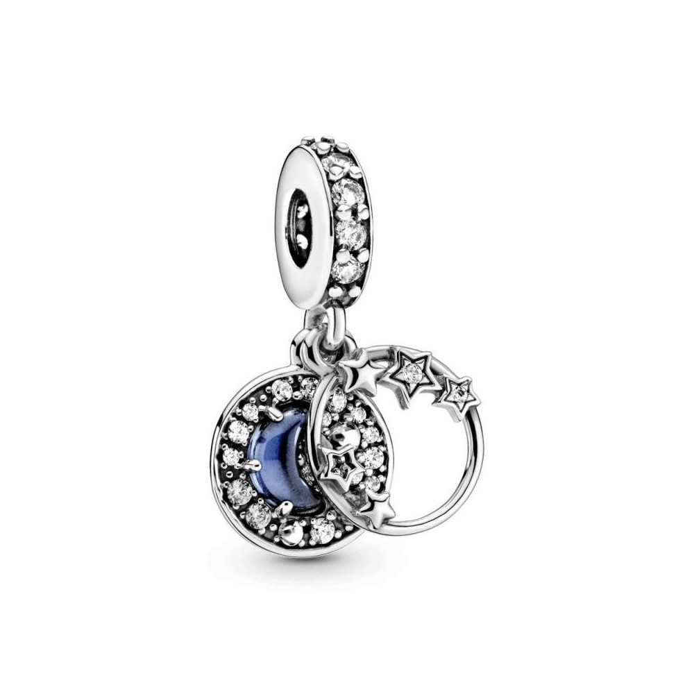Charm colgante Pandora de plata de ley Estrella y luna con cristal azul claro y circonitas cúbicas transparentes