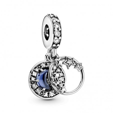 Charm colgante Pandora de plata de ley Estrella y luna con cristal azul claro y circonitas cúbicas transparentes