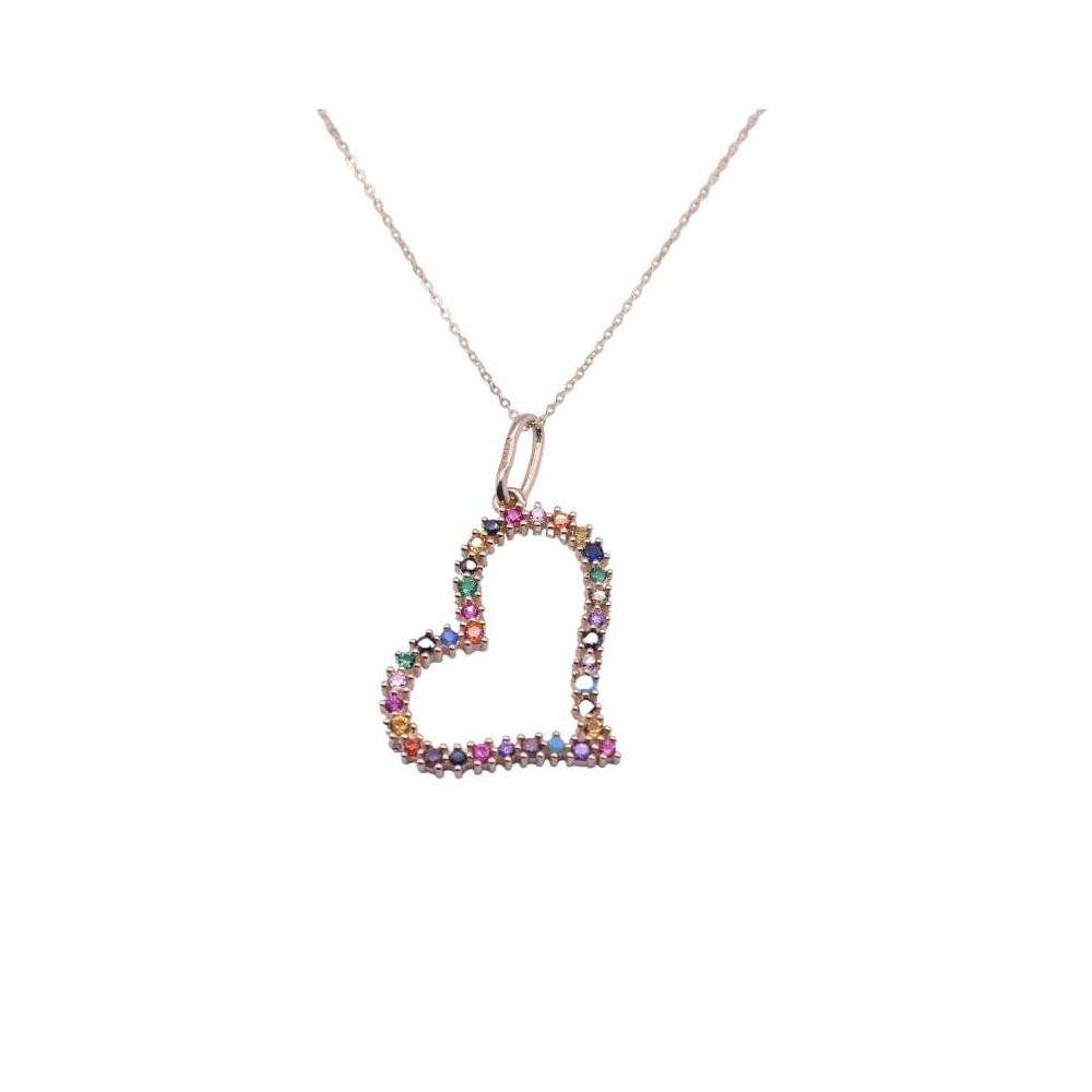 RR-4885/45 - Colgante de oro de 18k. en forma de corazón con piedras multicolor y cadena de 45 cm