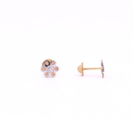 7104 - Pendientes oro bicolor de 18k en forma de flor con cierre de rosca