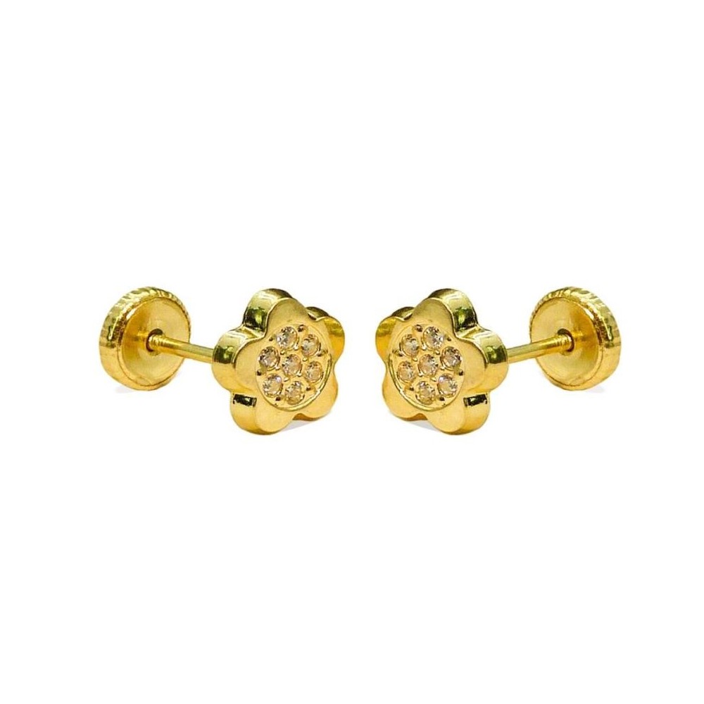 Pendientes de oro amarillo de 18k en forma de flor con 14 microcirconitas