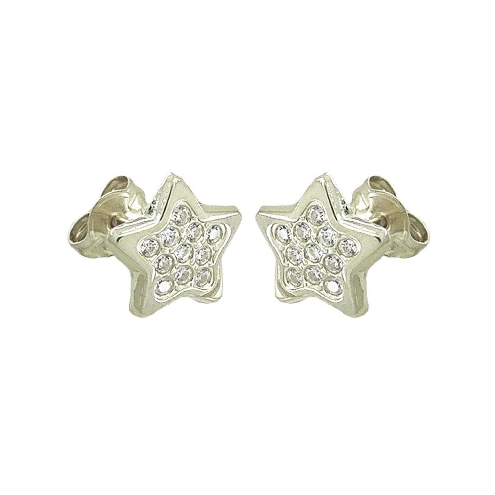 RR-4336B - Pendientes Estrella con piedras en oro blanco 18k. Diámetro 11 mm. Cierre de rosca