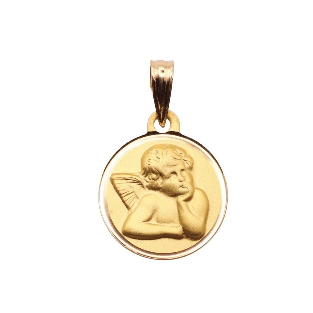 Medalla bebé oro 18k de 14mm de diametro con ángel de la guarda y parte posterior para poder grabar