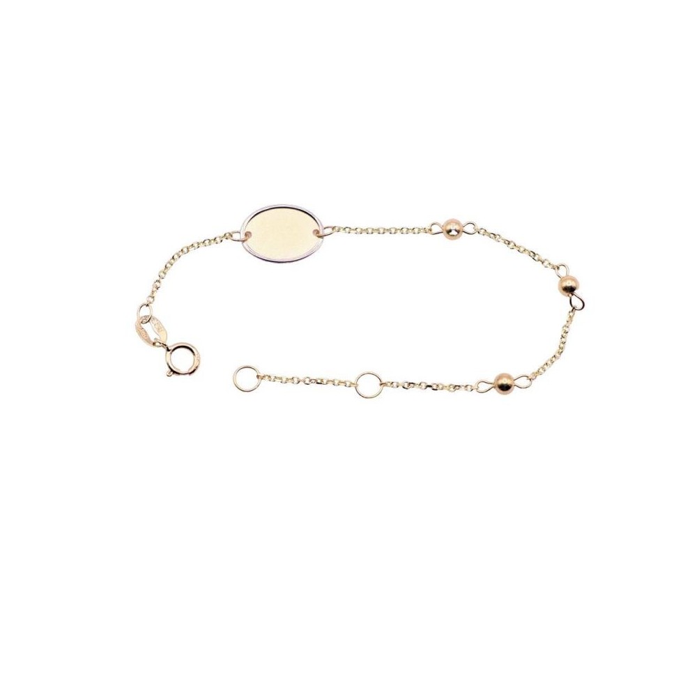 Pulsera De Bebé De Oro 18k De Bolitas Con Chapa Para Grabación Largo Máximo De 14 Cm Adaptable 2965