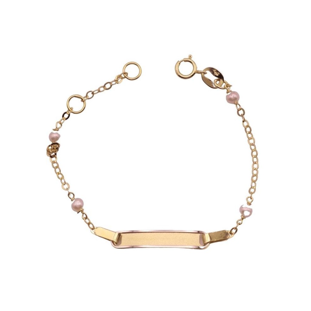 00774 - Pulsera de oro 18k para bebé con chapa para grabación y perlitas