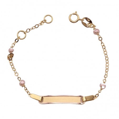 00774 - Pulsera de oro 18k para bebé con chapa para grabación y perlitas