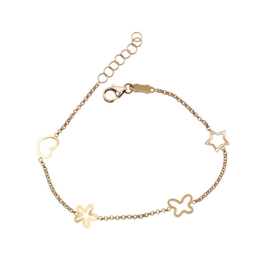 00772 - Pulsera de oro 18k para comunión con estrella, mariposa, flor y corazón