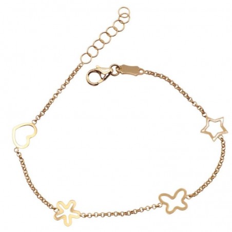 00772 - Pulsera de oro 18k para comunión con estrella, mariposa, flor y corazón