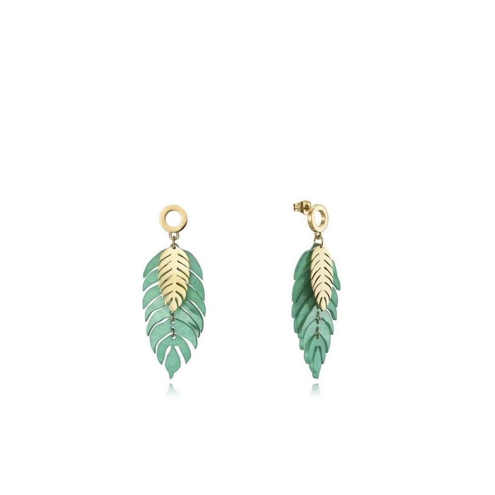 15115E01016 - Pendientes Viceroy Fashion de acero e ip dorado doble hoja resina verde