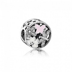 791842ENMX - Charm Pandora de plata con esmalte rosa  y blanco y circonitas transparentes.