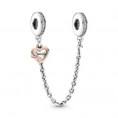 789541C01-05 - Cadena de seguridad de plata de ley con corazón e infinito y rosa de Pandora con circonita cúbica transparente