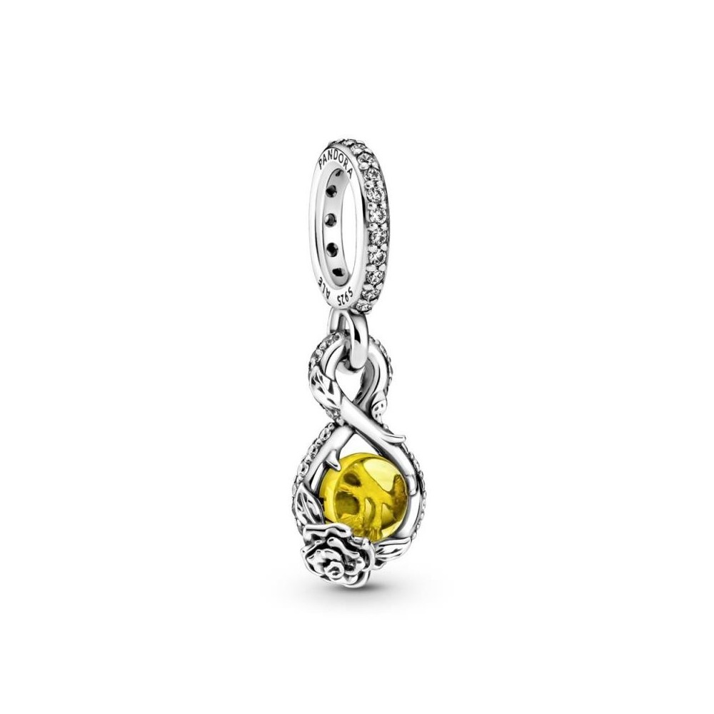 Charm Pandora colgante Disney Belle Infinity y rosa de plata de ley con cristal amarillo azufre y circonita cúbica transparente