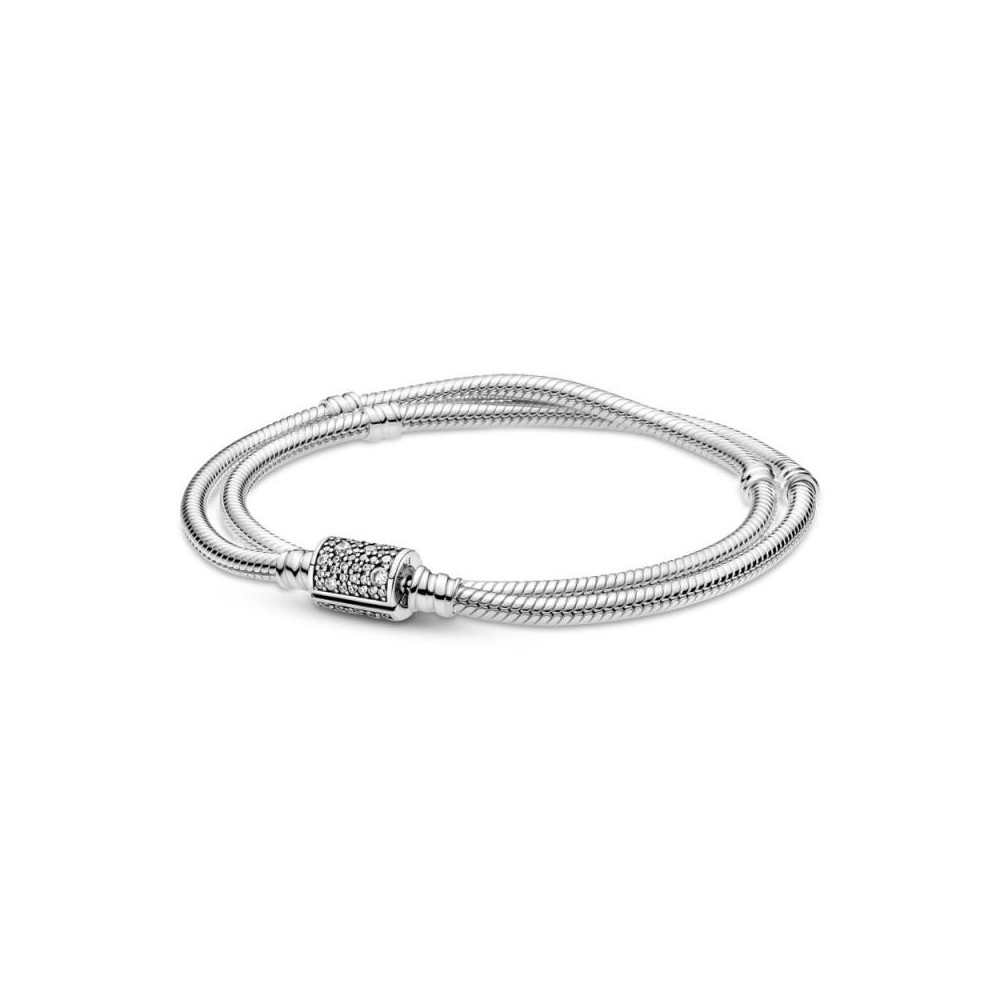 Pulsera Pandora de plata de ley con cadena de serpiente doble con cierre de barril y circonitas cúbicas transparentes