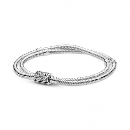 599544C01-D - Pulsera Pandora de plata de ley con cadena de serpiente doble con cierre de barril y circonitas cúbicas transparen
