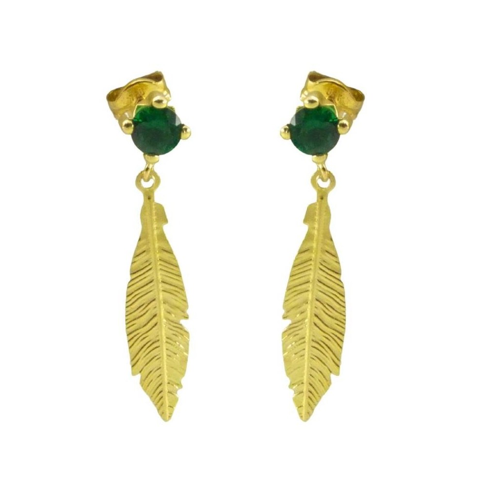 RR-5084V - Pendientes de oro 18k Pluma de 18mm piedra verde y cierre de presión