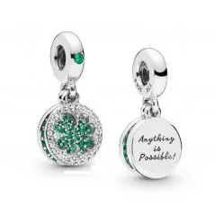 Charm Pandora Trébol Brillante con circonita transparente, cristal verde, grabado "Anything is possible"