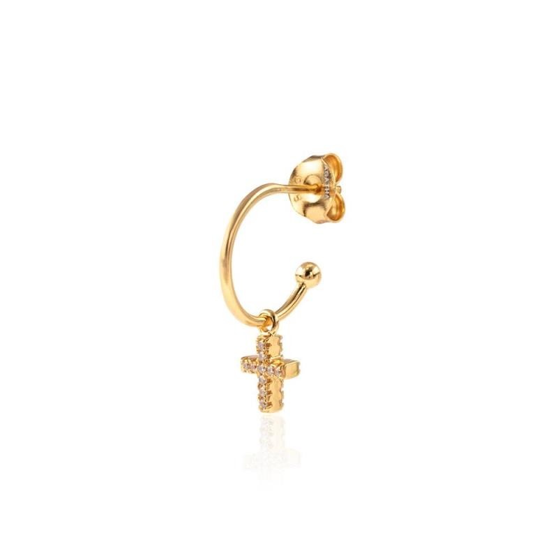 Pendiente AGATHA PARIS mini criolla cruz con circonita de plata dorada