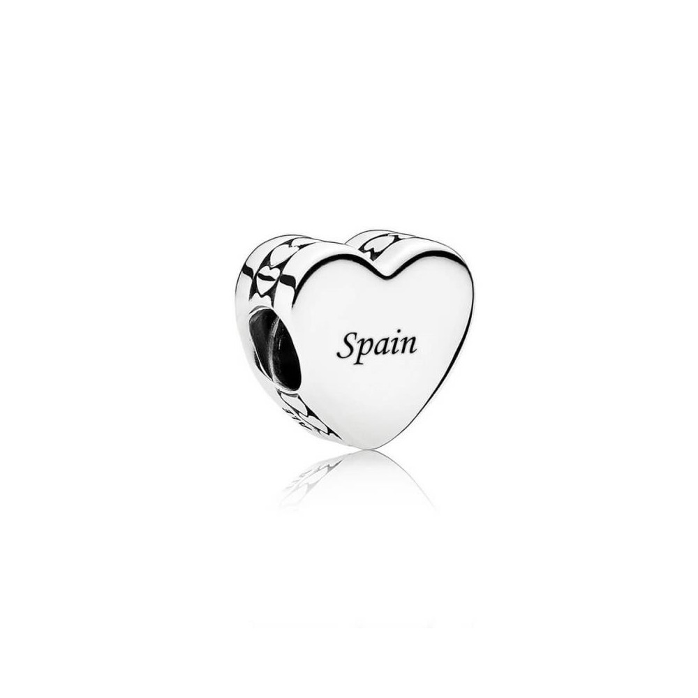 Charm Pandora de plata en forma de corazon con inscripcion "Spain"