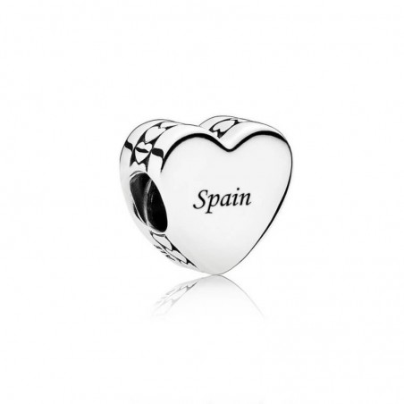 Charm Pandora de plata en forma de corazon con inscripcion "Spain"
