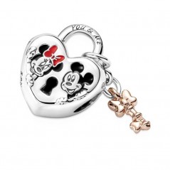 780109C01 - Charm en plata de ley y con un recubrimiento en oro rosa de 14k Candado Mickey & Minnie Mouse de Disney