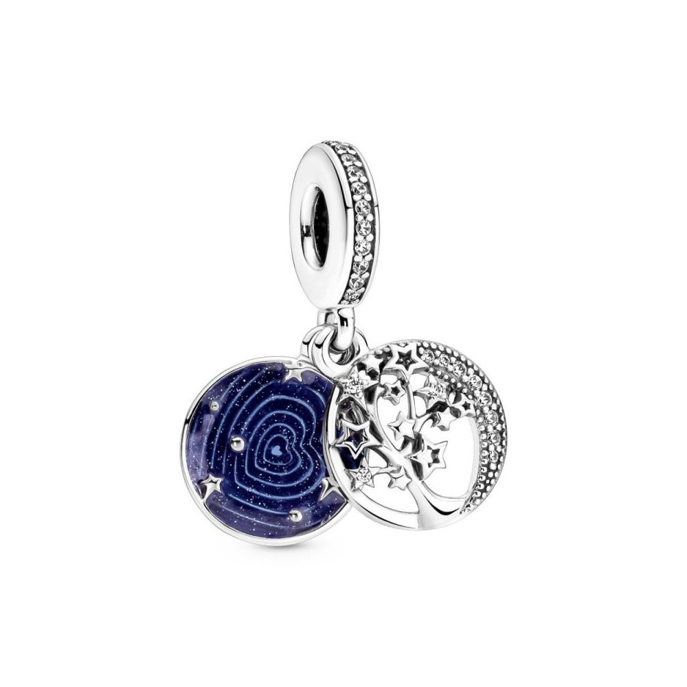 Charm colgante doble en plata de ley Arbol & Luna de la galaxia con esmalte azul
