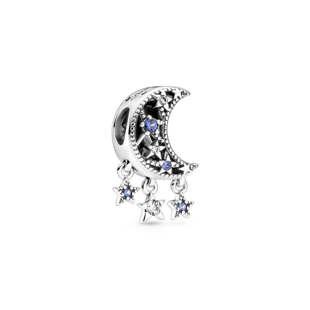 Charm de plata de ley Estrella & Luna creciente con cristales azules y circonitas cúbicas transparesntes