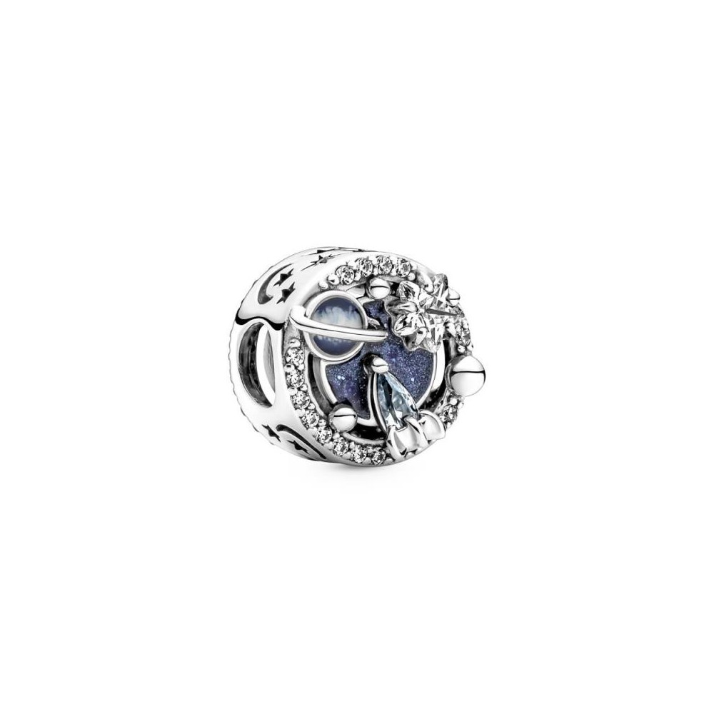 SPACE STERLING SILVER CHARM WITH WATER BLUE CRYSTAL, CLEAR CUBIC ZIRCONIA, TRANSPARENT GLITTERY BLUE AND NAVY BLUE ENAMEL