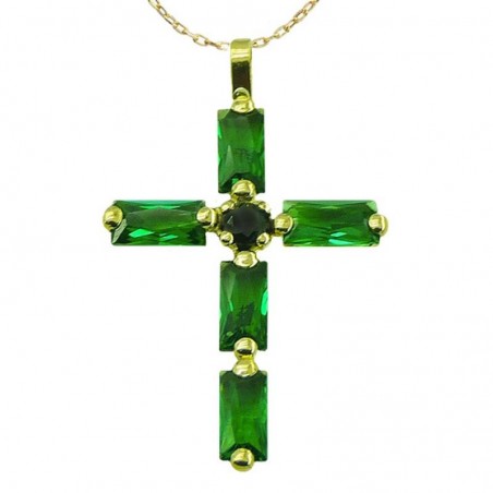 Cruz de oro con piedras baguette en color esmeralda