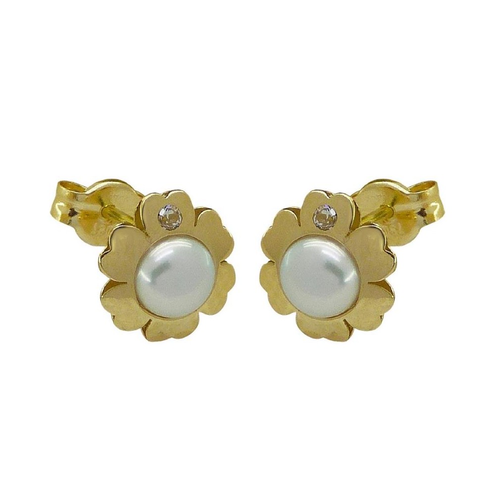 RR-5275 - Pendientes de oro para comunión en forma de flor y perla