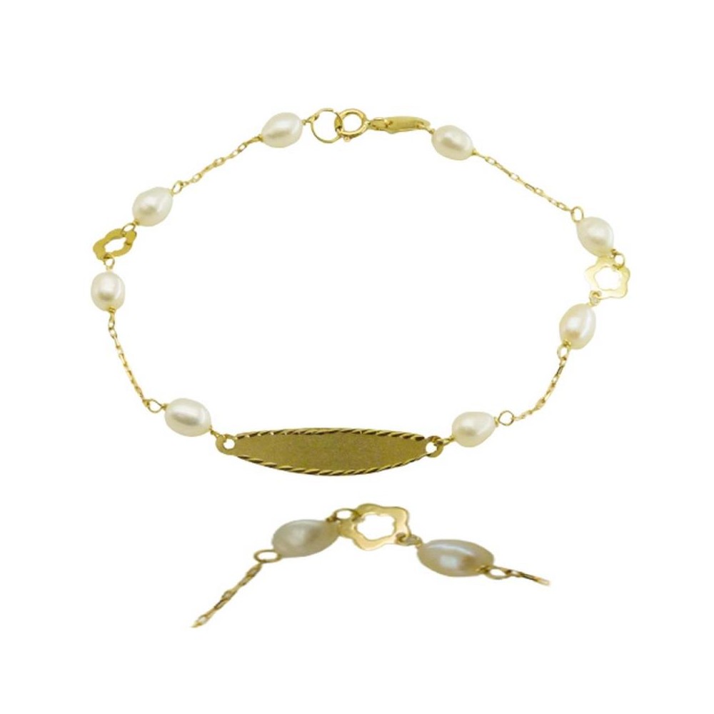 Pulsera de oro para niña de comunión con detalles de flor y perlas