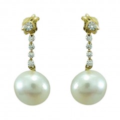 Pendientes de oro con 10 circonitas y 2 perlas colgantes