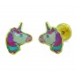 RR-4264 - Pendientes de oro amarillo de 18k Unicornio con esmalte. Diametro de 8 mm y cierre de rosca