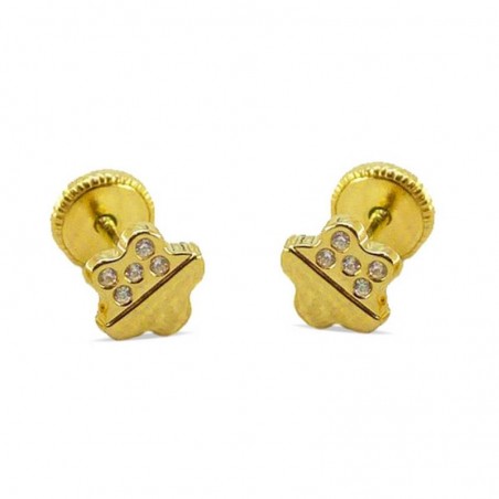 RR-4672 - Pendientes de oro de 18k en forma de flor con circonitas. Diámetro 6mm. Cierre de rosca