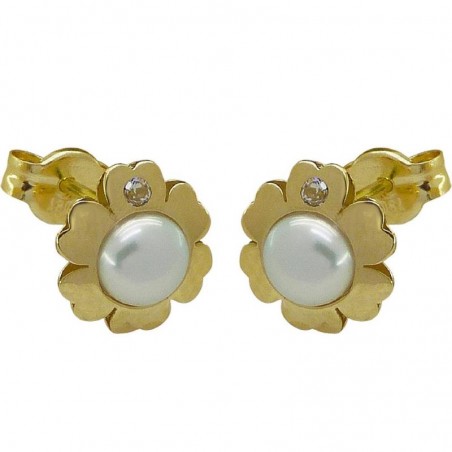 RR-5275 - Pendientes de oro para comunión en forma de flor y perla