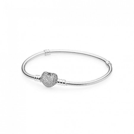 Pulsera Pandora de plata con circonitas. Cierre de corazon. Medida 19 cm.