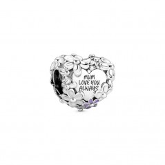 791155C01 - Charm en plata Corazón margarita Mamá adornado con esmalte púrpura y rosa.