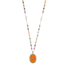 Collar MIDI tipo rosario con medalla reversible y cadena multicolor de perlas