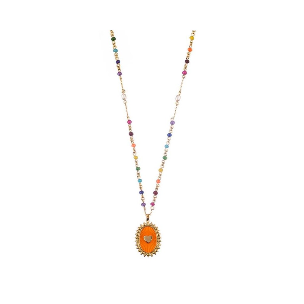 Collar MIDI tipo rosario con medalla reversible y cadena multicolor de perlas