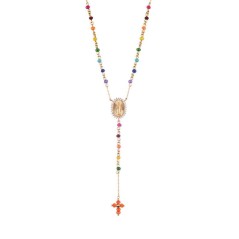 Collar corto en Y tipo rosario con medalla reversible y cruz al final de la cadena