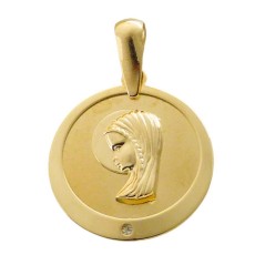 Medalla oro 18 k Virgen con fondo matizado bicolor y diametro de 15 mm