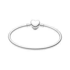 STERLING SILVER BANGLE WITH HEART CLASP AND CLEAR CUBIC ZIRCONIA