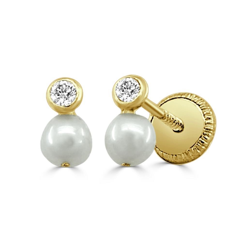 RR-6820 - Pardientes para niña en oro de 18k con circonitas y perlas
