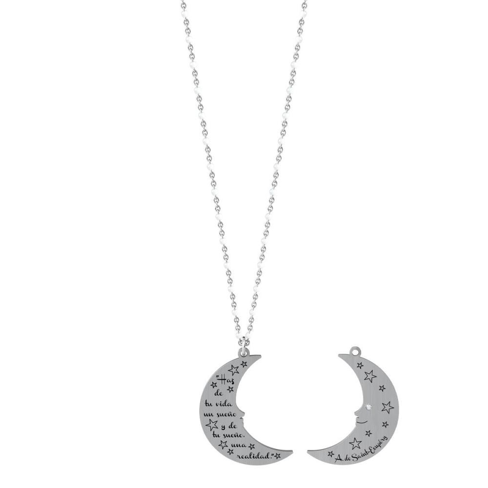 Colgante de acero Luna con cadena con esmalte blanco