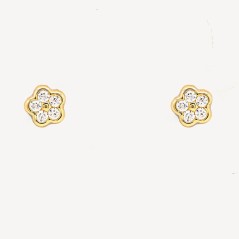 Pendientes de oro amarillo 18k para bebé en forma de flor con circonitas