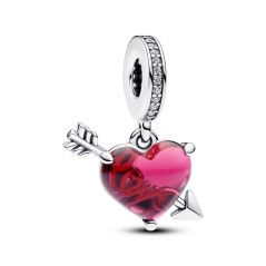 Charm Colgante de Cristal de Murano en plata de ley Corazón Rojo y Flecha