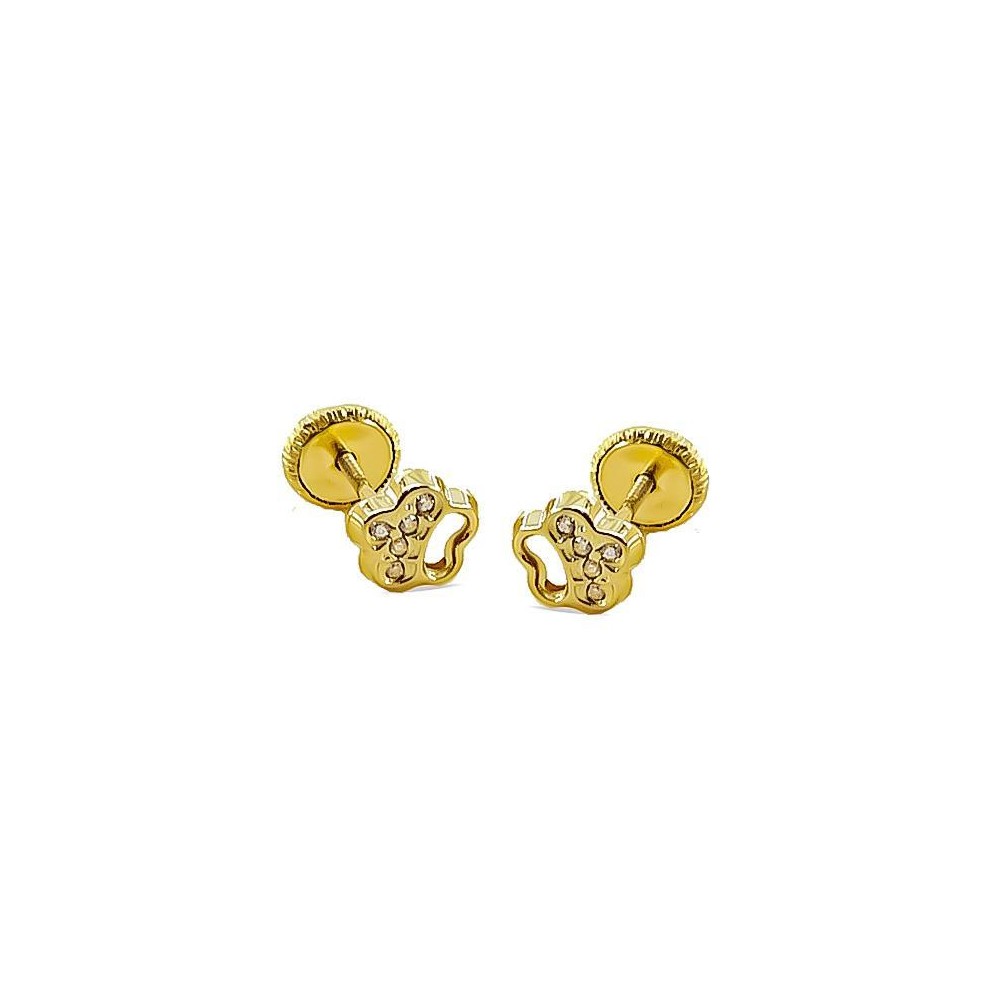 Pendientes de oro 18k con circonitas en forma de flor y cierre de rosca