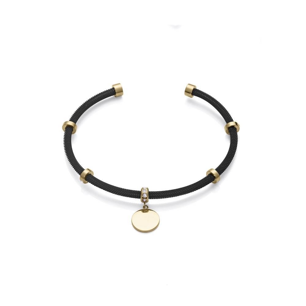 PULSERA CHIC DE ACERO MILANESA EN IP NEGRO , CON DETALLES ACERO IP DORADO Y CIRCONITAS BLANCAS