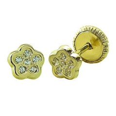 RR-5463 - Pendientes de Oro 18K en Forma de Flor con Circonitas y Cierre de Rosca