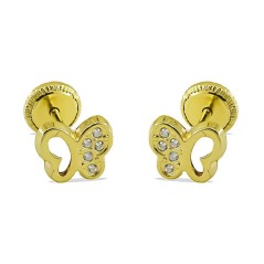 RR-3763 - Pendientes de Oro 18K en Forma de Mariposa con Circonitas y Cierre de Rosca