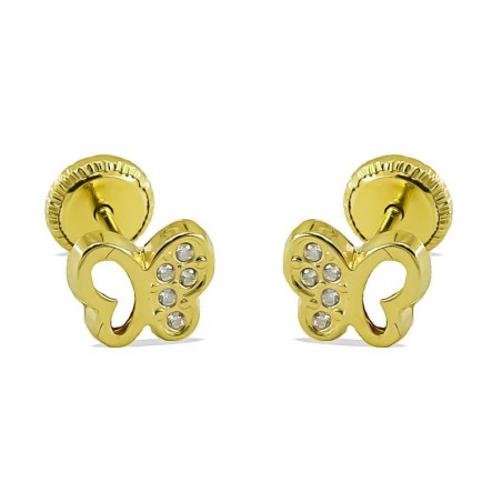 RR-3763 - Pendientes de Oro 18K en Forma de Mariposa con Circonitas y Cierre de Rosca